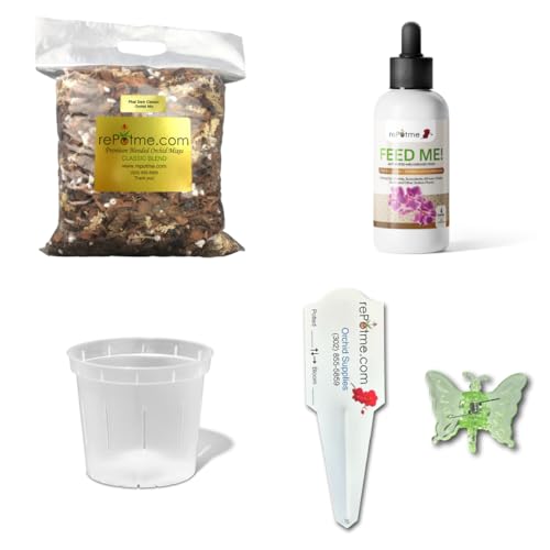 rePotme Deluxe Orchid Starter Kit - Phalaenopsis Dark Classic - (Includes Orchid Potting Mix, Orchid Fertilizer, Plus a 5 inch Orchid Pot, Flower Clip, and Plant Label)