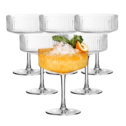 Plastic Ribbed Coupe Glasses, 10 oz Vintage Coupe Glass Set, Unique Martini Glass, Classic Cocktail Galssware, Bar Drinking Glasses Set Pefect for Cocktail, Wine, Champagne (6 pcs)