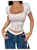 Floerns Women's Floral Short Sleeve Crop Top Summer Square Neck Lace Trim T Shirts White Small