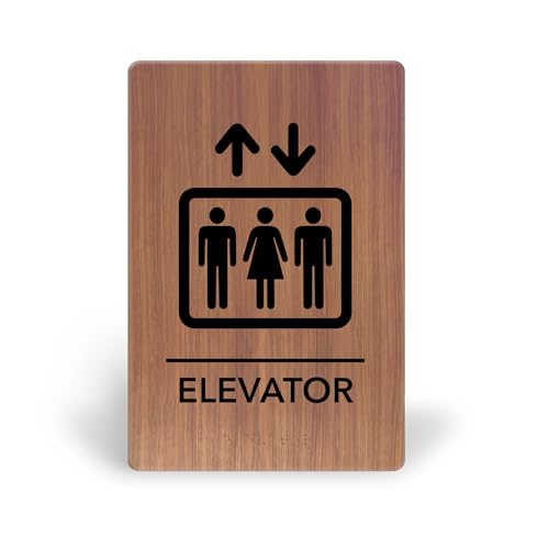 Promot Elevator Sign â€“ ADA Braille Elevator Decor for Business, Self-Adhesive, 9\" x 6\", Commercial Door Signage, Office Wall Decor - Chestnut