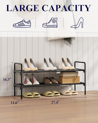 Image of Kitsure Shoe Rack for Closet, Shoe Organizer for Front Door Entrance, Stackable Shoe Shelf, Detachable Closet Organizers and Storage, 27.4 inch Wide - 2 Tiers, Black | Closet, Front Door Entrance, Entryway, Stackable & Detachable Shelf, Closet Organizers and Storage