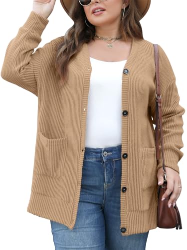 Celkuser Women's Plus Size V-Neck Cardigan Sweater Lightweight Button-Down Open Front Oversized Knit with Pockets