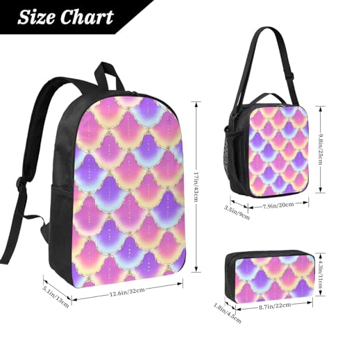 Backpack Set - With Lunch Bag & Pencil Case Supplies For Men Women (for Colorful Purple Pink Mermaid Scale)4