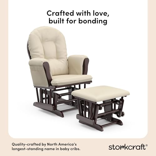 Storkcraft Premium Hoop Glider & Ottoman (Espresso with Beige) — GREENGUARD Gold Certified, Solid Wood Craftsmanship, Convenient Storage Pockets, Smooth-Gliding Chair for Nursery, Multi-Award-Winning