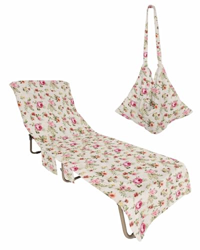 Pastoral Flowers Beach Lounge Chair Towel Cover, Soft Chaise Lounge Towel with Side Pockets Patio Pool Chairs Cover for Beach/Pool Sunbathing 29x85 Red Spring Floral Botanical Rustic