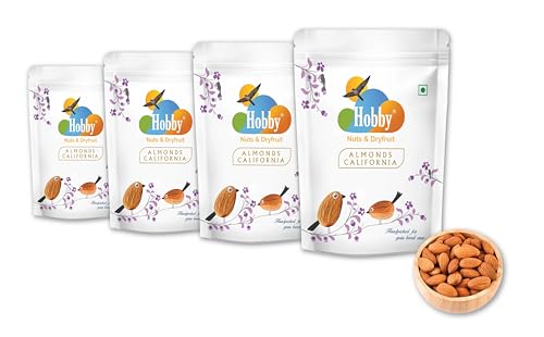 Image of Hobby Raw California Almonds 250g each (Pack of 4) | Raw Whole American | Badam Giri | Handpicked Crunchy Dry Fruits | Rich in Protein, Magnesium & Fiber | Healthy Snacking Nuts