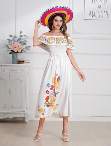 Image of IDOPIP Mexican Dress for Women Off Shoulder Traditional Mexican Fiesta Dress Floral Sunflower Cinco De Mayo Mexican Outfit