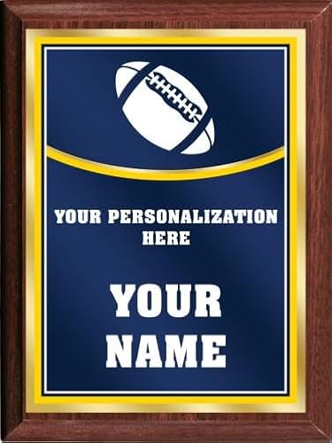 Crown Awards Football Personalized Plaque Award, 6x8 Color Printed Metal Plate with Custom Engraving, Navy Blue with Gold with Gold Plaque On Wood Finish Prime