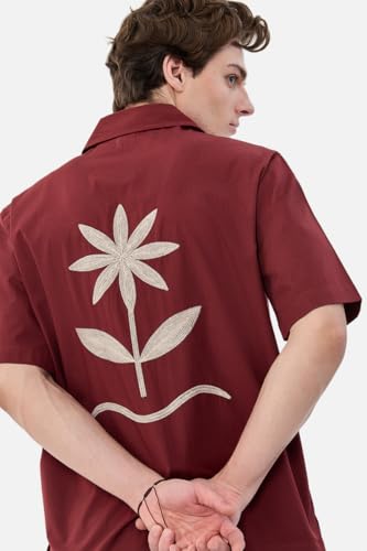 Image of SNITCH Men Casual Shirt | Box Fit Cuban Collar Short Sleeve Floral Embroidered Design | 100% Cotton Breathable Fabric for Summer & Vacation Outings | Burgundy