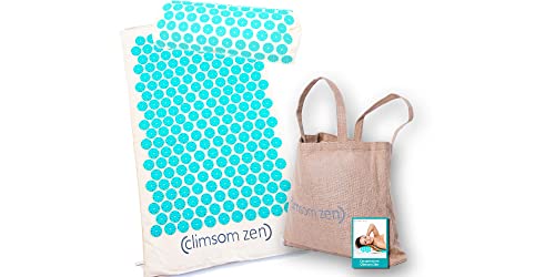 CLIMSOM ZEN - Paquete de cojín y alfombra de acupresión BIO, textiles 100% naturales, espelta orgánica, bolsa de arpillera y folleto de acompañamiento (azul)