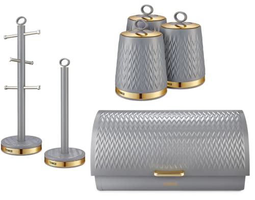 Tower Empire Kitchen Storage Collection: Bread Bin, 3 Canisters for Tea, Coffee, Sugar, Mug Tree & Towel Pole in Grey with Brass Features