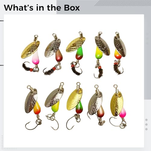10 Pcs Fishing Lures Spinner Baits Set with Fly Fishing Lures, 2.6 g / 0.09 oz Metal Trout Spinners, Offset Sinker for Long Casts, Rotating Design, 0.6 in / 1.5 cm Hook Size, for Bass Salmon Pike - Image 2
