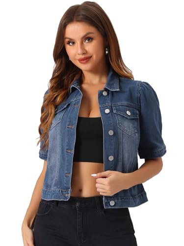 Allegra K Casual Jean Jacket for Women's Short Puff Sleeves Button-Down Denim Jacket Medium Dark Blue