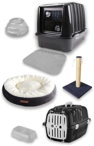 Premium kedi başlangıç seti - Lüks kapalı kedi tuvaleti, taşıma sepeti, yatak, tırmalama, 3 katlı oyuncak, paspas, mama kabı, kürek - LKT2 - Görsel 2