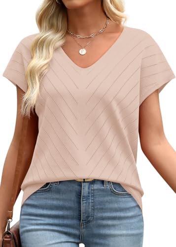 Image of WIHOLL Short Sleeve Sweater for Women V Neck Trendy Summer Tops 2026 Beach Vacation Clothes Travel Business Casual Outfits