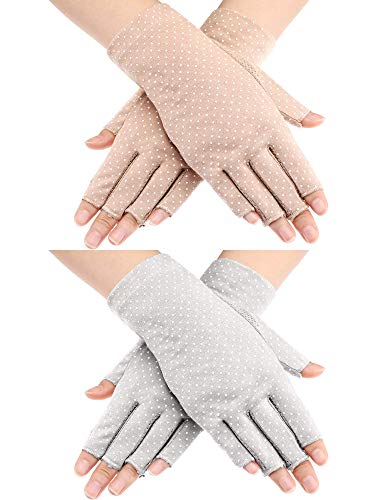 Maxdot Fingerless Gloves Non Slip UV Protection Driving Gloves Summer Outdoor Gloves for Women(2 Pairs,Gray and Khaki)