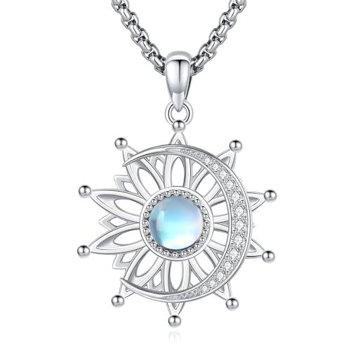 Eusense Sol Luna Collar Colgante Sol Luna Collar Cadena Plata de Ley 925 Piedra de Luna Colgante Cadena Joyería Regalo para Damas Mujeres Niñas