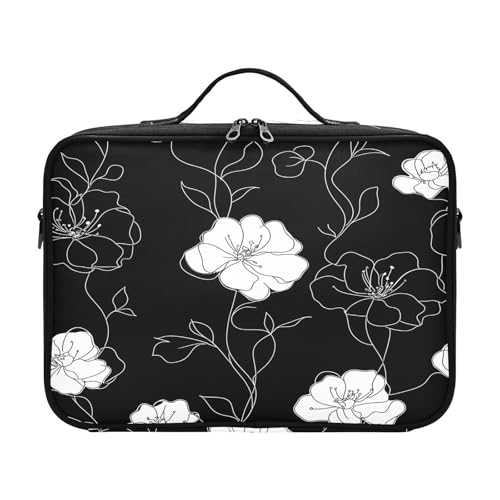 zyrtty Travel Makeup Train Case Flower White Black Leaves Pattern Cosmetic Organizer Portable Storage Bag with Adjustable Dividers for Cosmetics Brushes Toiletry Jewelry Digital Accessories
