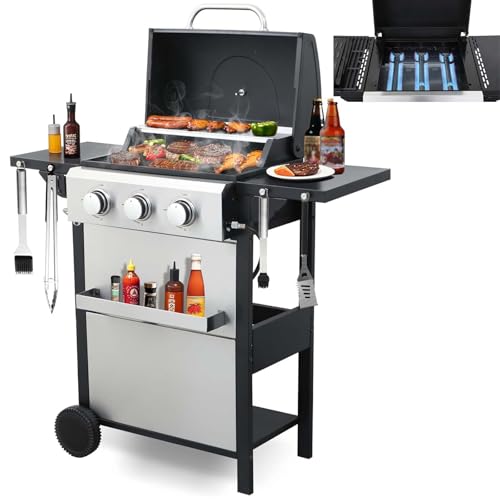 3-Burner Small Propane Gas Grill with 2 Foldable Side Tables, 25,650 BTU Outdoor BBQ Grill Propane with Porcelain-Enameled Grates & Thermometer for Cooking (3-Burner)