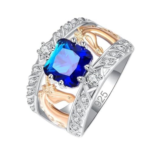 Silver Plated Princess Cut Created Blue Sapphire Cubic Zirconia Filled Engagement Wedding Proposal Promise Wide Rings Unicorn Horse Band for Women