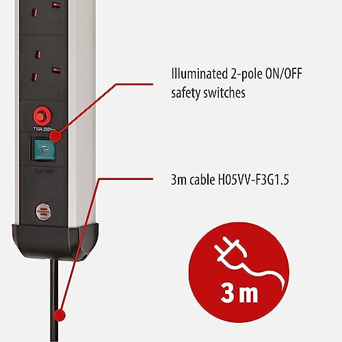 Brennenstuhl Premium-Alu-Line 4-Way Extension Lead (Power Strip with Safety Fuse Button, 3m Cable, Made in Germany) Black/Silver - Image 2