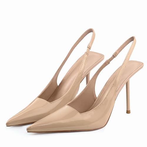 Image of Slingback Heels for Women Pointed Toe Stiletto High Heels Stretch Slip on Backless Patent Leather Fashion Comfortable Dress Pumps Shoes