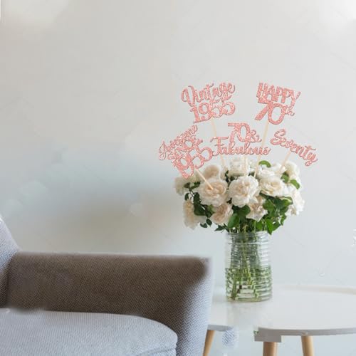 Image of 15 PCS 70th Birthday Centerpiece Sticks Seventy Glitter Happy 70th Vintage 1955 Table Flower Centerpieces Sticks Cheers to 70 Fabulous Floral Decorations for 70th Birthday Party Supplies Rose Gold