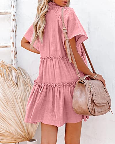 Image of Dellytop Womens Drawstring V Neck Dress Ruffle Tiered Short Sleeve Babydoll Tunic Swing Sundresses