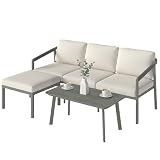 Outsunny Conjunto de Muebles Jardín Exterior de 3 Piezas Sofá Exterior Seccional Forma de L con Sofá de 3 Plazas Reposapiés Mesa Centro de Listones y Cojines de 10 cm para Terraza Patio Marrón y Beige