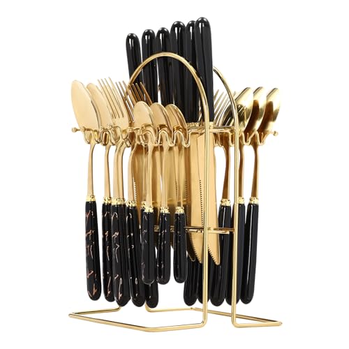 24pcs Mixed Cutlery Set Stainless Steel Ceramic Handle Tableware Dinnerware Set with Storage Stand-Knives/Spoons/Forks/Teaspoons for Family, Restaurants, Restaurants, Parties (Black+Gold)
