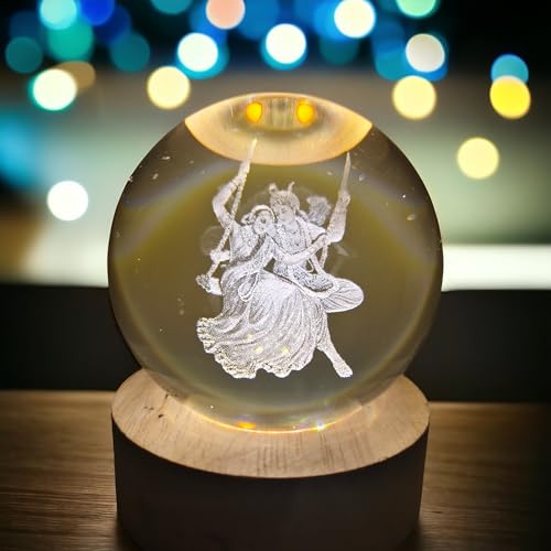 Image of ANTORCHE Radha Krishna Jhula 3D Crystal Ball Warm LED Night Lamp with Wooden Base | Spiritual Home Decor Light | Ideal Gift for Pooja Room, Bedroom & Festivals