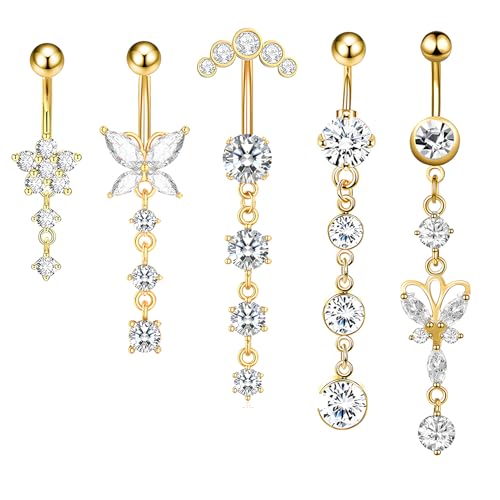 YAWYO Lot de 5 Piercings Nombril en Acier Inoxydable, Bijoux avec Coeur et Noeud pour Femmes et Filles (Doré)