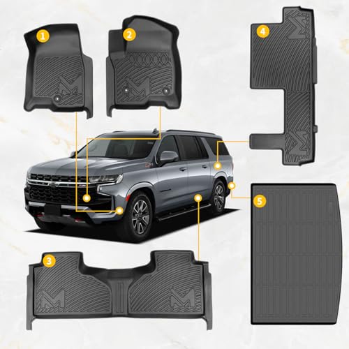 Image of TPE Automotive Floor Mats & Cargo Liner Custom for 2021-2025 Chevy Suburban 8 Seats, All Weather Cover Protection Waterproof Black Liner Front & Rear Row Full Set Car Mats for 21-25 GMC Yukon XL, 5PCS
