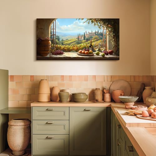 crmotu Faux Window Large Wall Art, Italian Wine Country Landscape Art Prints, Vineyard Picture Kitchen Wall Decor, Sunlit Rustic Grape Fields Paintings for Dining Room Hallway Basement 24x48 Inch