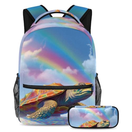 Sac à dos étanche Tortue Arc-en-ciel grand cartable scolaire avec trousse fille garçon