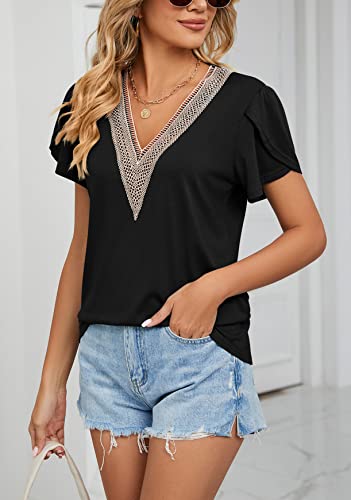 Cap Sleeve Summer Tops for Women Trendy Floral Print Casual V Neck T Shirts Petal Sleeve Blouses4