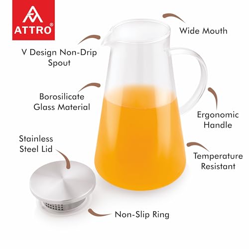 Image of ATTRO Glassox Classy Glass Water Jug - 1800ml Borosilicate Glass Serving Jug with Stainless Steel Lid, Heat Resistant, Ideal for Juice, Lemonade, Iced Tea, Milk, Hot & Cold Beverages