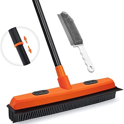 JEHONN Rubber Broom Carpet Brush Rake for Pet Dog Hair Remover, 138CM 2 in 1 Telescopic Long Handle Floor Brush with Squeegee, Soft Sweeping Brush Indoor Cover