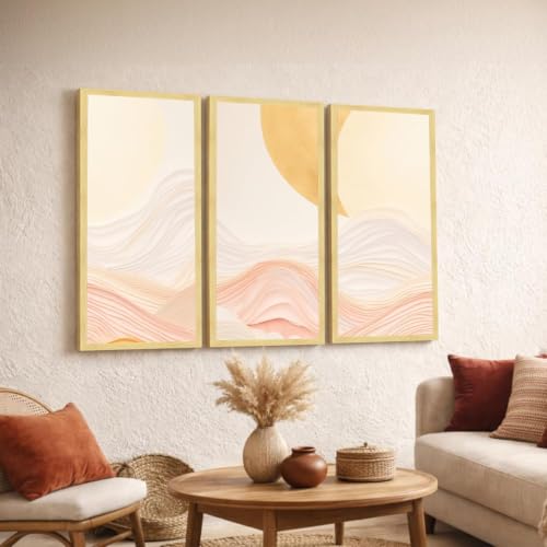 Image of PAINTINGMANTRA Abstract Layered Landscape Framed Wall Art Set of 3 | Modern Boho Minimal Wall Decor | Engineered Wood Frame Art for Living Room, Bedroom & Office, 8.9x18.9 Inch