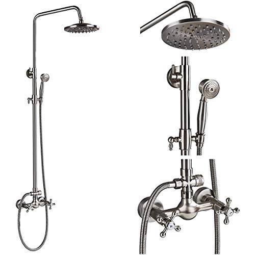 Rozin Bathroom 2 Cross Knobs Mixer Shower Combo Set 8-inch Rainfall Shower Head with Handheld Spray Brushed Nickel