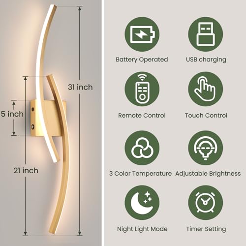 Image of Battery Operated Wall Sconce Set of 2,Gold Wall Sconces with Remote Control,3000K-6000K Modern LED Wireless Wall Light for Living Room, Hallway, Bedroom, 31.89 Inch (2 Pack)