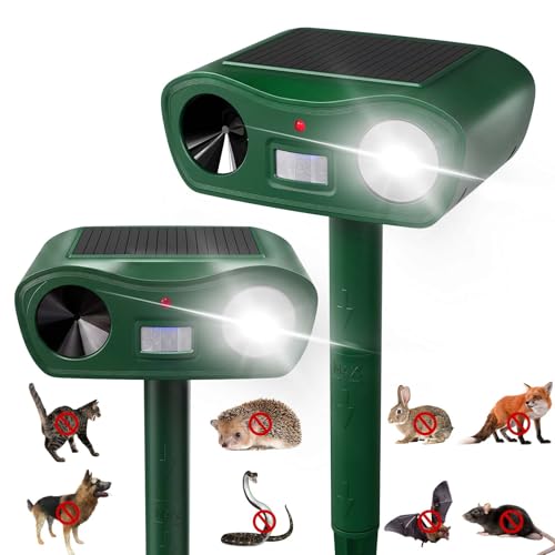 Solar Ultrasonic Animal Repellent Outdoor Waterproof Cat Repellent for Gardens UK with Motion Sensor & Flash Light USB Charging Keep Cat Dog Fox Squirrel Rabbit Away for Garden Yard Farm (2 Pack)