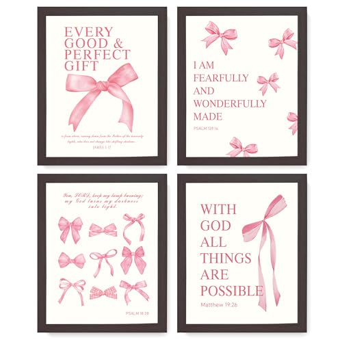 Image of LARTSFRO Coquette Pink Bow Wall Art Decor Posters, Pink Bow Room Bedroom Bathroom Dorm Wall Art Decor Aesthetic for College Teen Girls Gifts, Inspirational Bible Verses Bow Wall Decor, 10x8 Inch Set of 4 Pcs Bow Pictures (DARK FRAMED)
