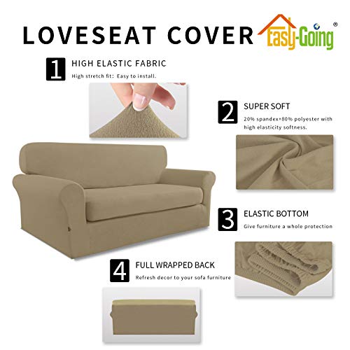 Image of Easy-Going 2 Pieces Stretch Loveseat Couch Sofa Slipcover Washable | Spandex Soft Fitted Sofa Couch Cover for Sofa Furniture Protector with Bottom Kids,Pet Dog Tan