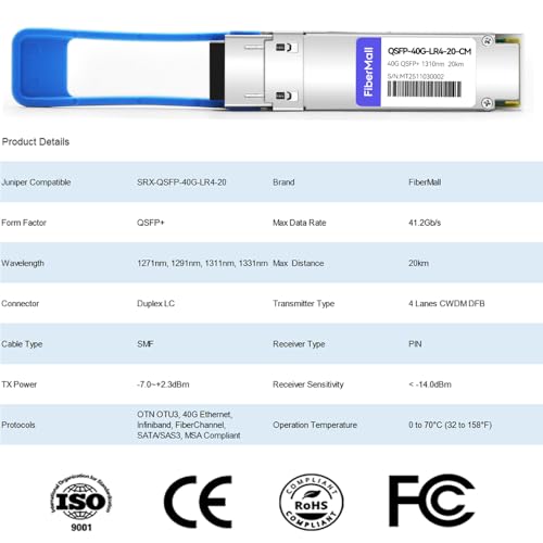 Image of 40G QSFP+ LR4 Optical Transceiver Module,Compatible with Juniper SRX-QSFP-40G-LR4-20,40GBASE-LR4 QSFP+ 1310nm,CWDM4 20km LC DOM