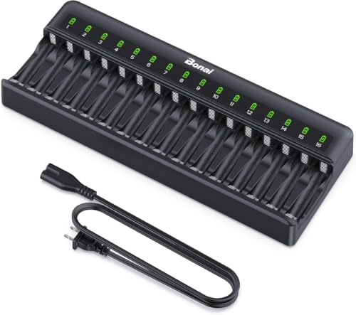 BONAI Cargador de Batería de 16 Ranuras, Caragdor de Pilas para Recargables AA y AAA Ni-MH con Carga Inteligente e Independiente, Indicador Led, No se Incluyen Pilas - Negro