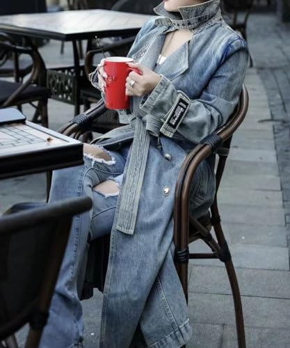 Women's Vintage Notched Lapel Denim Trench Coat Double Breasted Long Jean Jacket Belted Overcoat3