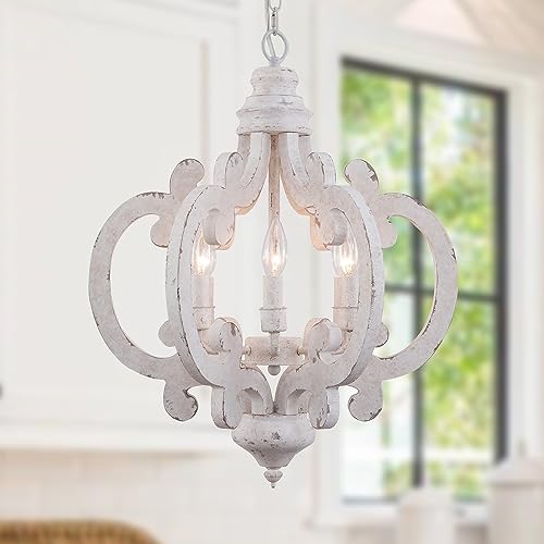 18 Inch Farmhouse Wood Chandelier, 6-Lights Dining Room Light Fixtures Over Table, White Chandelier Light Fixture, Rustic Chandelier for Kitchen Island, Hallway, Foyer