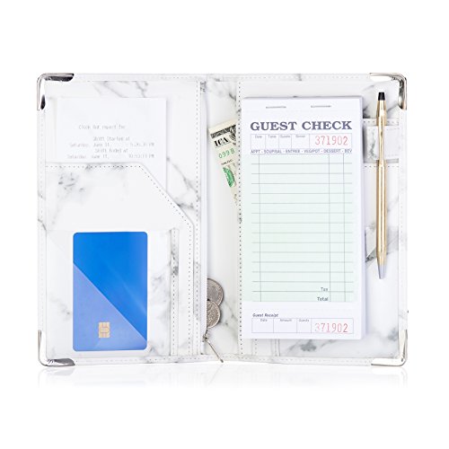 Sonic Server Marble Style Deluxe Server Book for Restaurant Waiter Waitress Waitstaff | Classy White Marble | 9 Pockets Includes Zipper Pouch with Pen Holder | Holds Guest Checks, Money, Order Pad