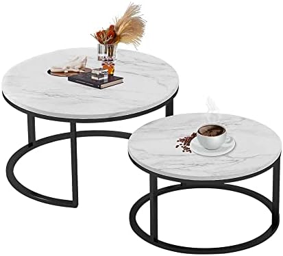 Nesting Coffee Tables Set of 2, 31.5" Round Coffee Table for Living Room, Marble Pattern Wooden Tabletop & Black Sturdy Metal Frame Tables, Modern Bedroom Simple Nightstand